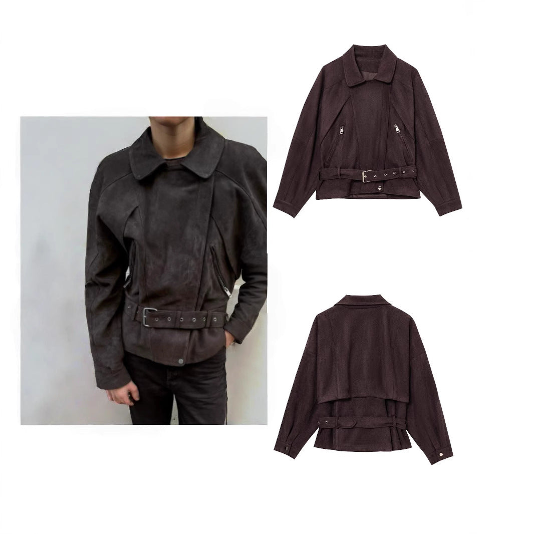 Damen Elegante Wildlederjacke mit modischen Schnallen und praktischen Taschen EB