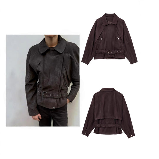 Damen Elegante Wildlederjacke mit modischen Schnallen und praktischen Taschen EB