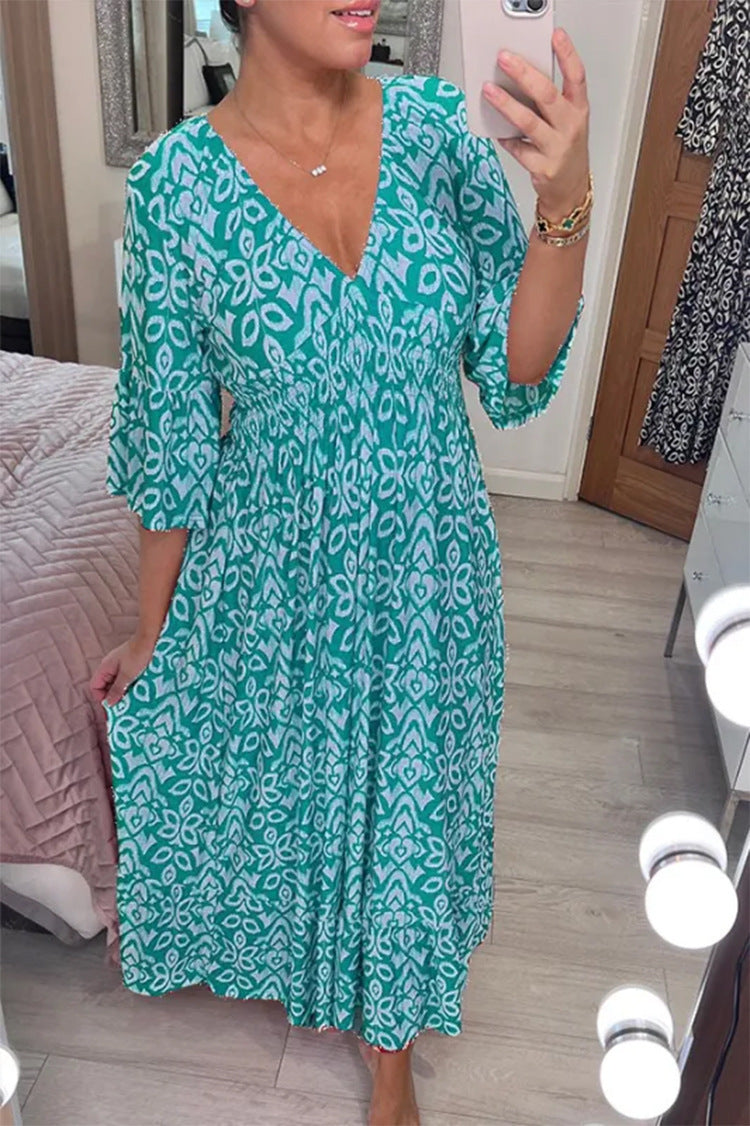 Damen Maxikleid mit schmeichelndem V-Ausschnitt und voluminösen Ärmeln EB