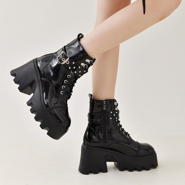 Damen Chunky Stiefel mit modischen Schnallen und robustem Plateau-Heel EB