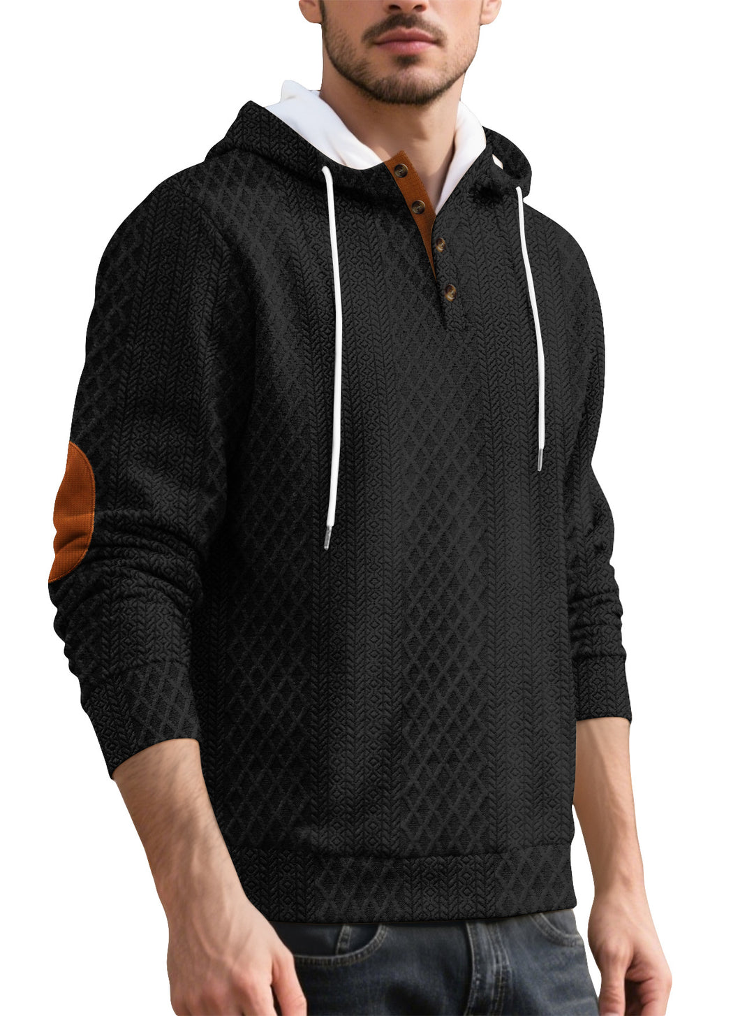Herren nan Diamond-Struktur Kapuzenpullover mit Kurzknopfleiste, gesteppter Kapuzeninnenkante und Wildleder-Ellbogenpatch EB