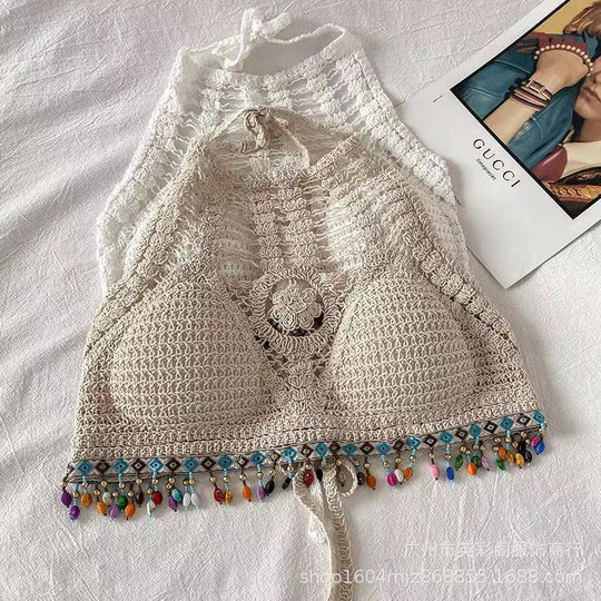 Damen gehäkeltes Bikinioberteil mit bunten Quasten EB