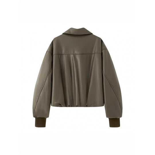 Damen lässige Boxy-Jacke aus weichem Kunstleder mit elastischem Bund EB