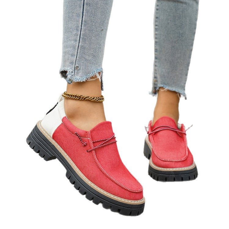Damen Modische Slipper-Loafer mit grober Profilsohle, Canvas-Obermaterial und dekorativer Kordel EB