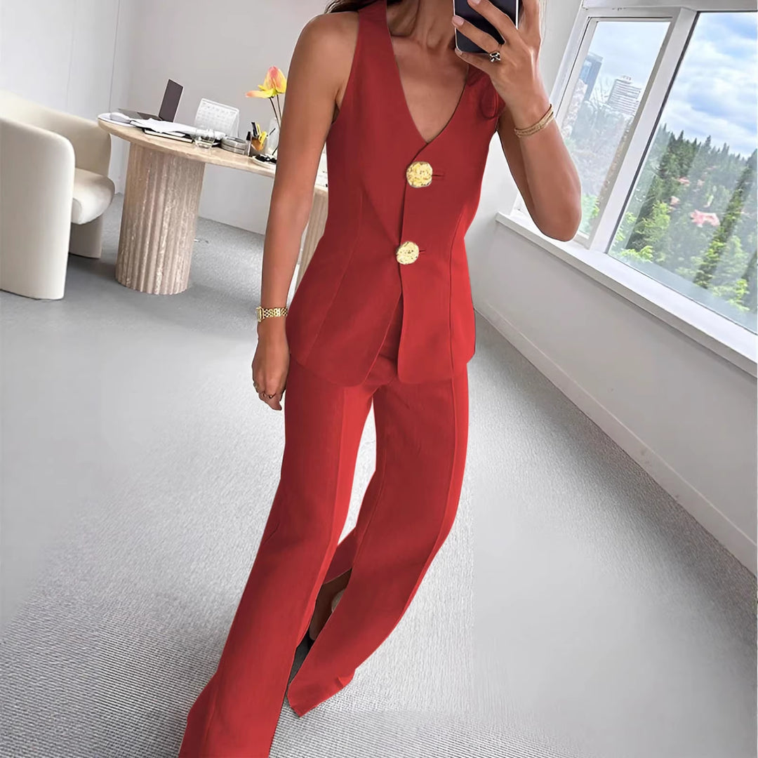 Damen elegantes Jumpsuit mit vordere Knopfleiste und weitem Bein EB