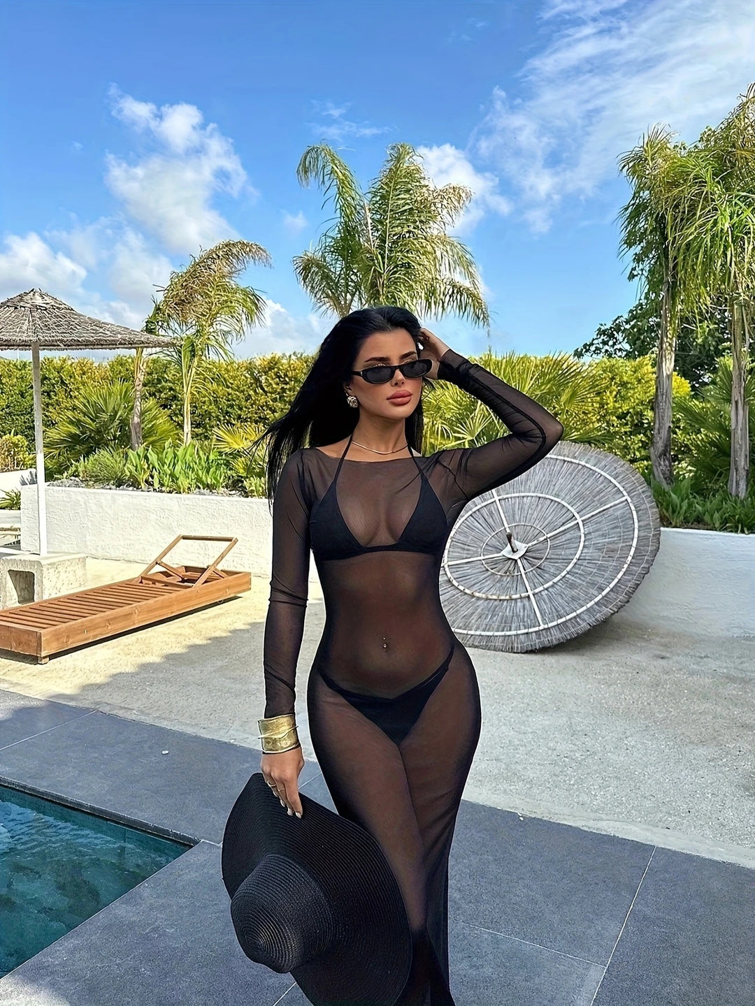 Damen Transparente Strandrobe mit langen Ärmeln und schickem Schnitt EB