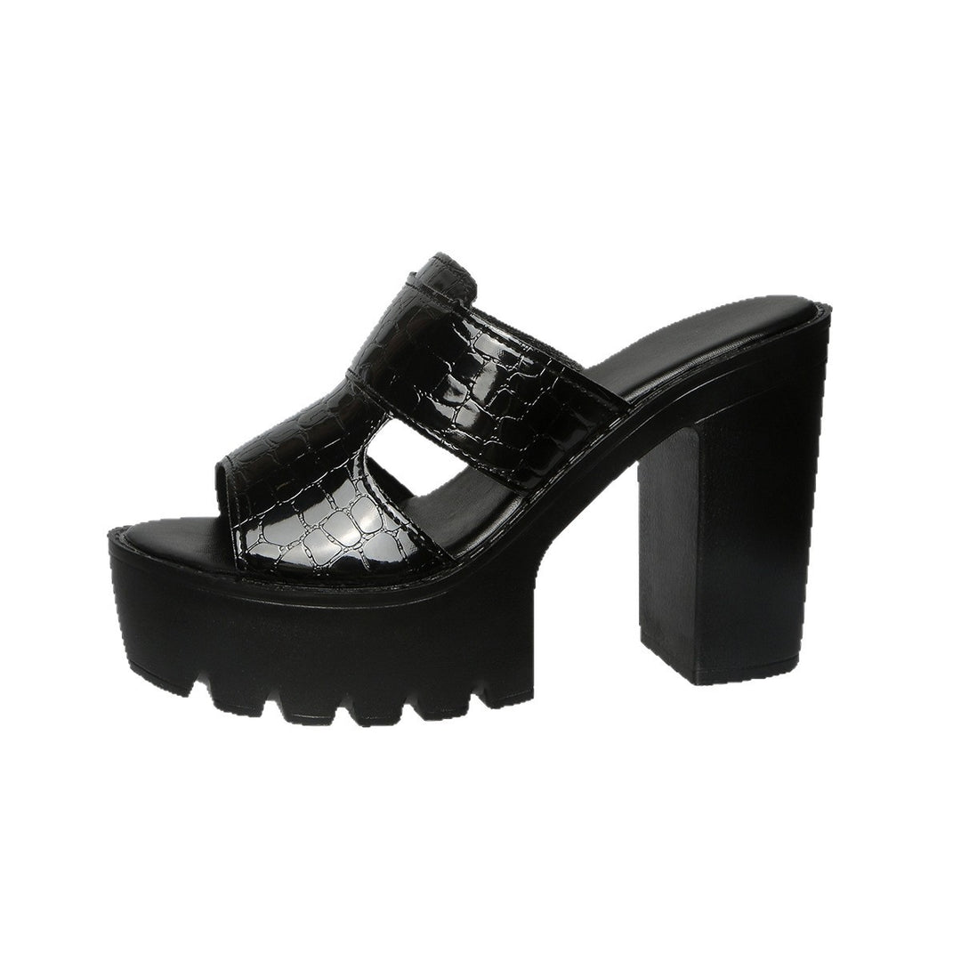 Damen Wedge-Pantoletten mit modischem Krokodil-Leder-Look und bequemem Blockabsatz EB