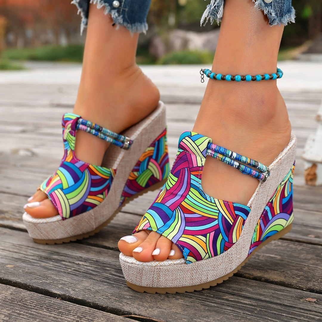 Damen modische Wedge-Sandalen mit buntem Mustermix und bequemer Sohle EB