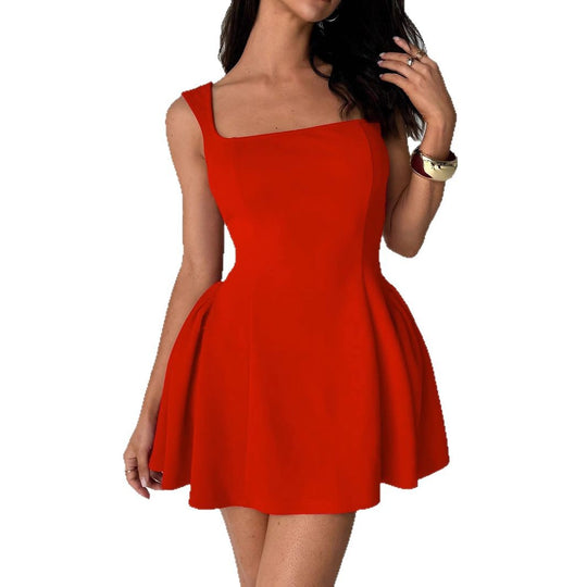 Damen Fließendes Minikleid mit quadratischem Ausschnitt und ausgestellten Rock EB