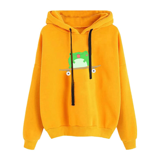 Damen nan kurz geschnittener Cropped-Kapuzenpullover mit niedlicher Frosch-Illustration und verstellbarer Kapuze EB