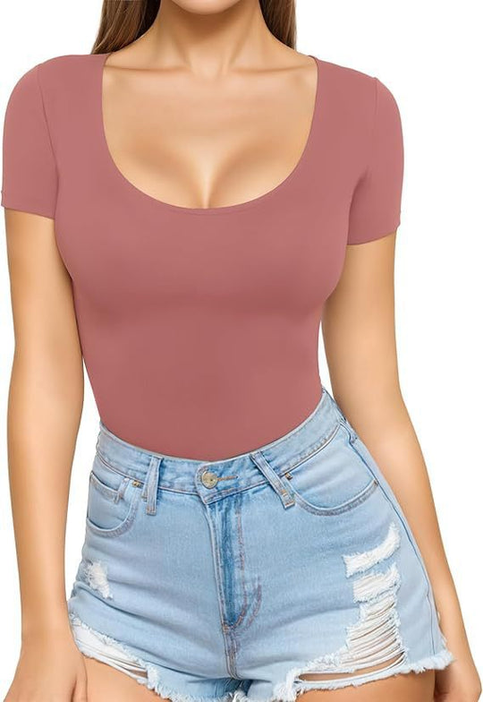 Damen figurbetontes Kurzarm-Body mit rundem Ausschnitt und nahtlosem Design EB