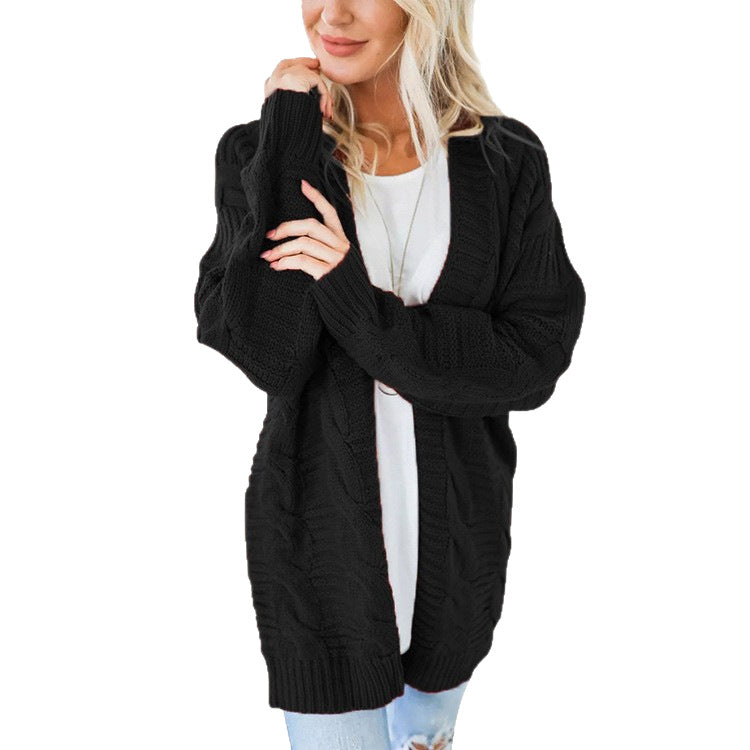 Damen nan langer oversize Strickcardigan mit Zopfmuster und V-Ausschnitt EB