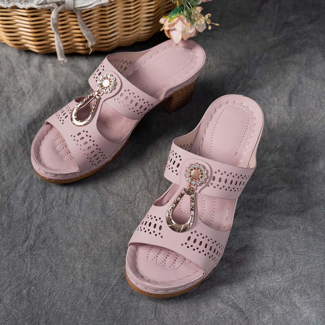 Damen elegante Wedge-Pantoletten mit Dekorativem Schmuckakzent EB