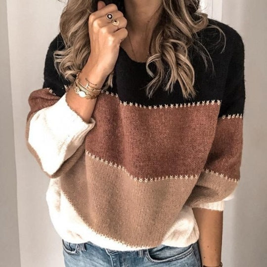 Damen lässiger Strickpullover mit buntem Streifenmuster EB