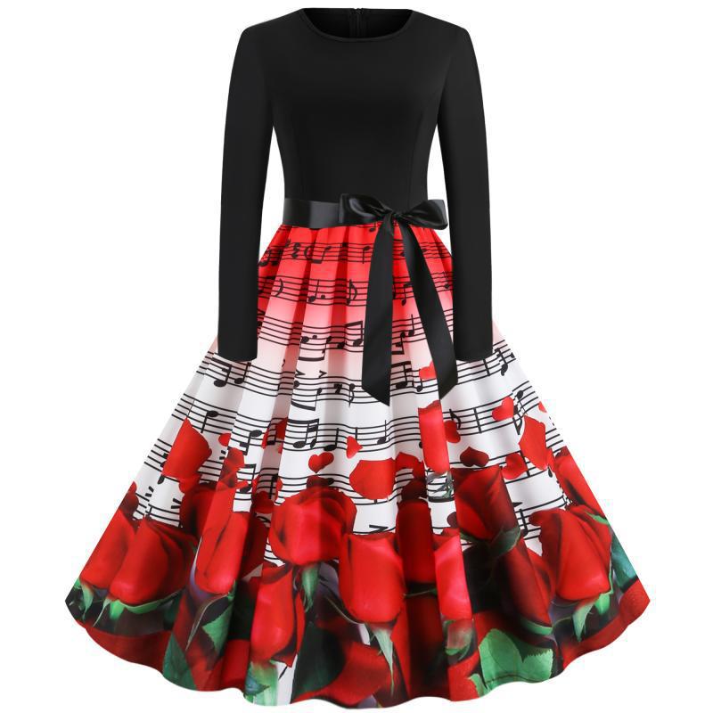 Damen tailliertes A-Linien Kleid mit Noten- und Rosenprint Langarm und Taillenschleife EB