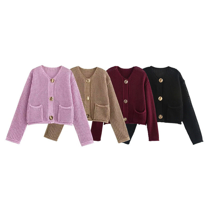 Damen Modische Strickjacke mit dekorativem Häkelmuster EB