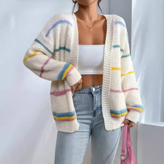 Damen gemütlicher Strickcardigan mit bunten Streifen EB