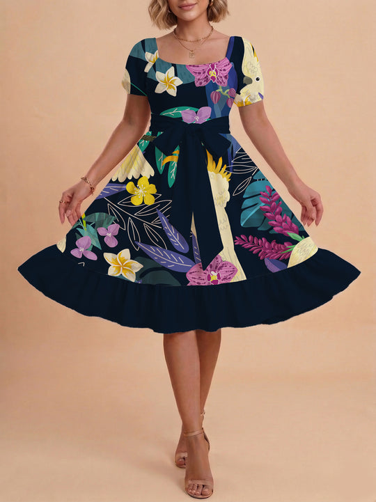 Damen A-Linien-Kleid mit floralen Motiven und taillierbarem Gürtel EB