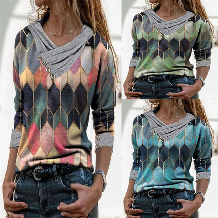 Damen modisches Langarmshirt mit V-Ausschnitt und dekorativen Knopfdetails EB