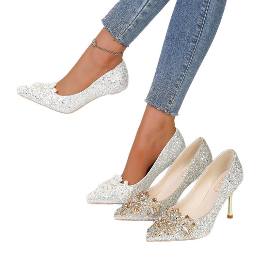 Damen Glitzernde High-Heel Pumps mit feinen Perlen- und Kristallverzierungen EB