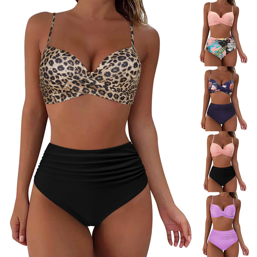 Damen Hochtailliertes Bikini-Set mit floralem Oberteil und gerafftem Höschen EB