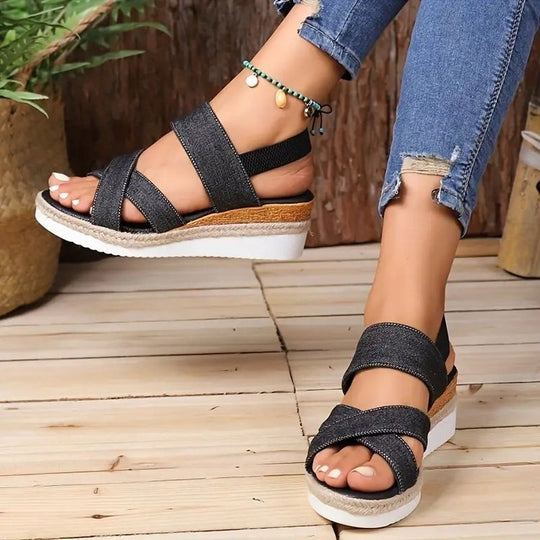 Damen Wedge-Sandalen mit elastischen Riemen und komfortablem Fußbett EB