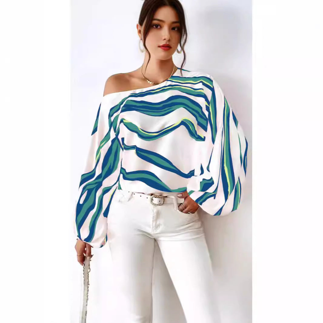 Damen Off-Shoulder Bluse mit voluminösen Ärmeln und maritimem Wellenmuster EB
