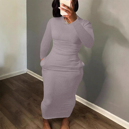 Damen Figurbetontes Rippkleid mit langem Arm und eleganter Silhouette EB