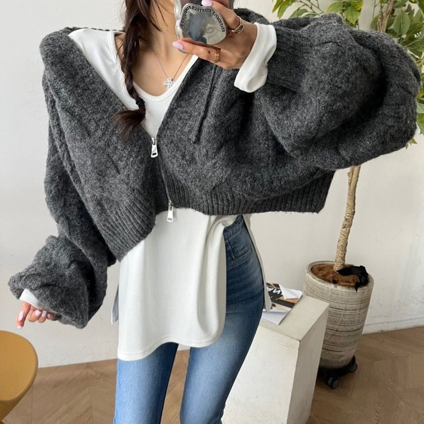 Damen Kurzer Strickpullover mit Zopfmuster und Kapuze EB