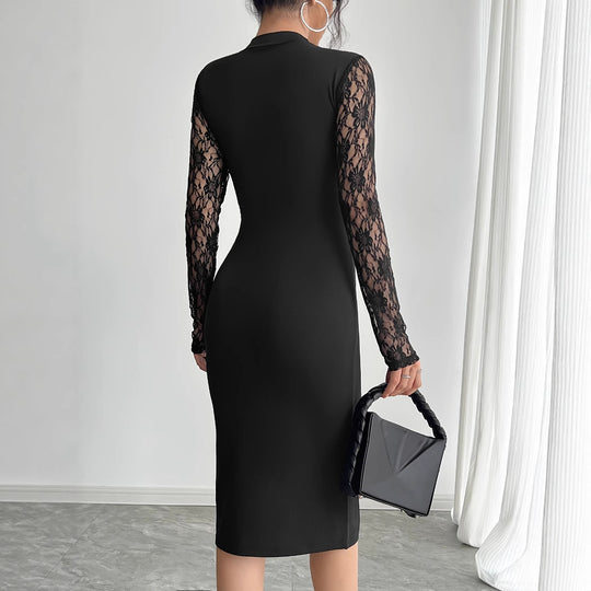 Damen nan elegantes Etuikleid mit Spitzenärmeln, transparentem Tailleneinsatz und hohem Seitenschlitz EB