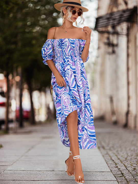 Damen Off-Shoulder Maxikleid mit floralen Akzenten und elastischer Taillierung EB
