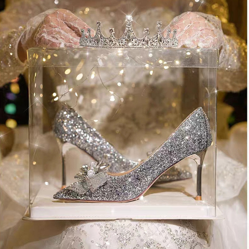 Damen Glamouröse hochhackige Glitzer-Pumps mit eleganter Schleifenverzierung EB
