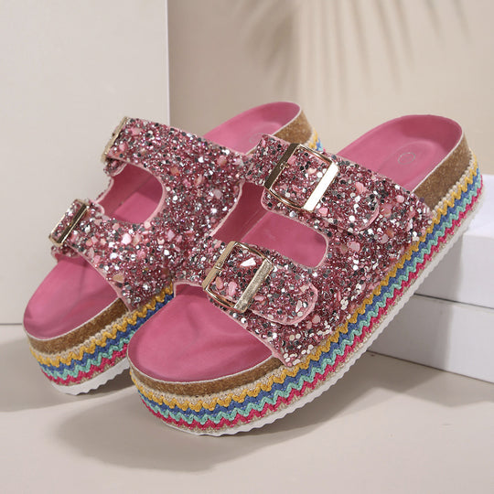 Damen Glitzernde Plateau-Sandalen mit Doppelschnalle und mehrfarbigem Boden EB