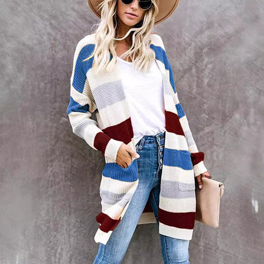 Damen lässige Strickjacke mit modischem Streifenmuster und praktischen Taschen EB