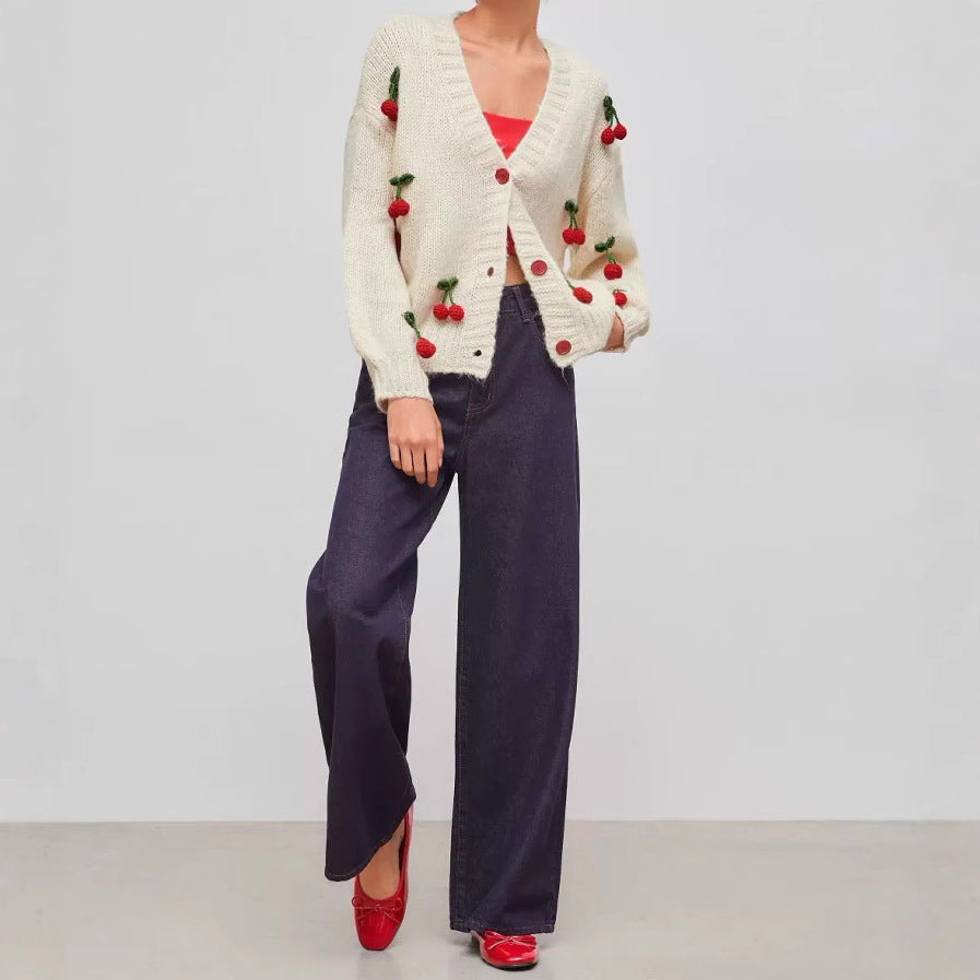 Damen verspielter Strickcardigan mit Kirschapplikationen EB