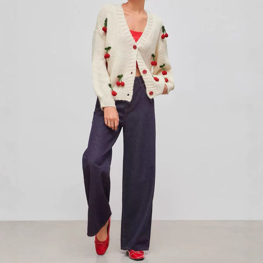Damen verspielter Strickcardigan mit Kirschapplikationen EB