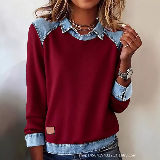 Damen nan gerippter Strickpullover mit Jeanskragen und Knopfleiste EB