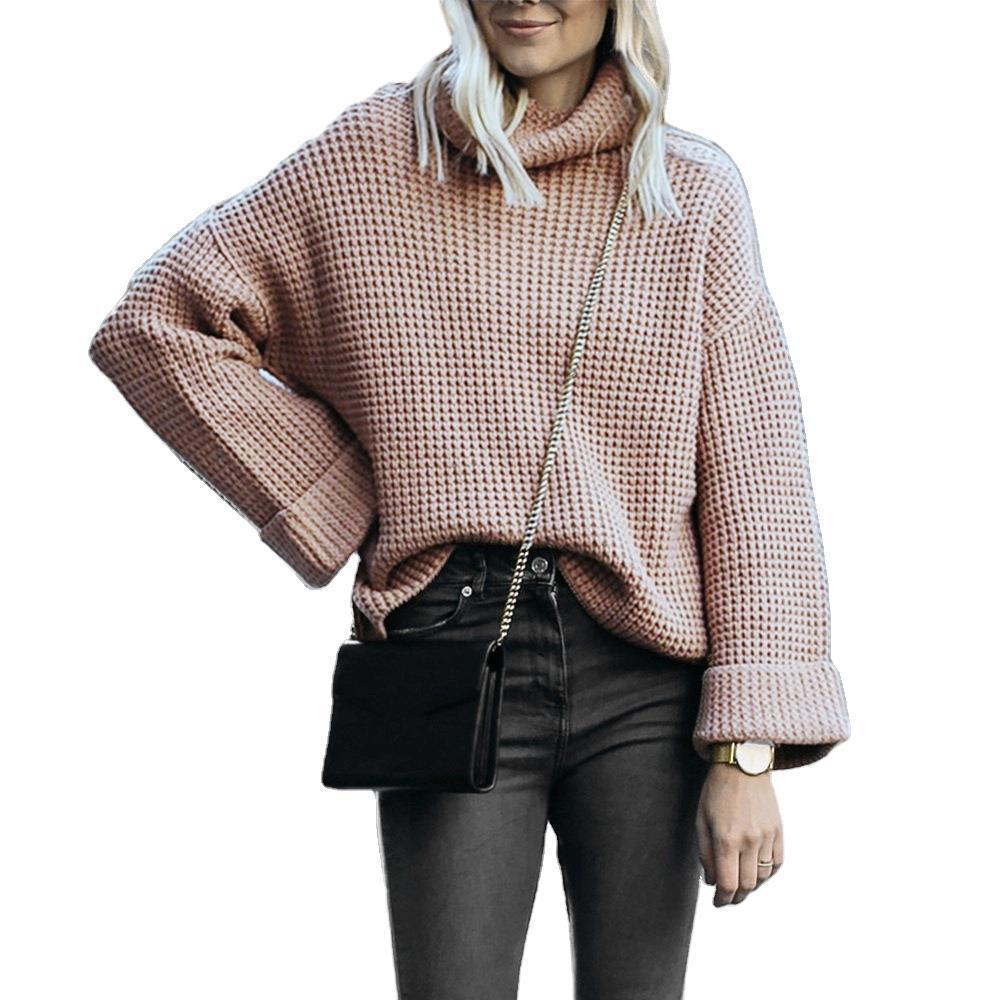 Damen Oversized Strickpullover mit hohem Kragen und strukturiertem Wabenmuster EB