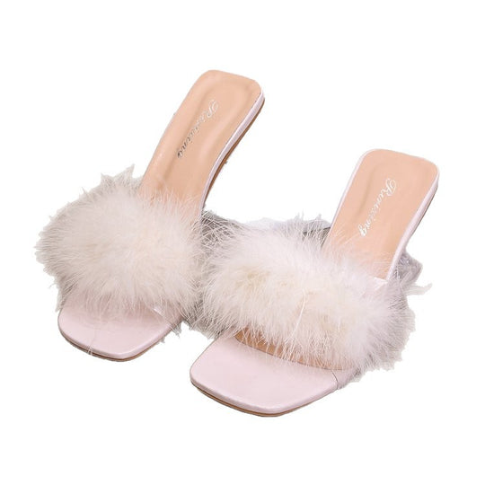 Damen transparente Mules mit flauschigem Flausche-Akzent EB