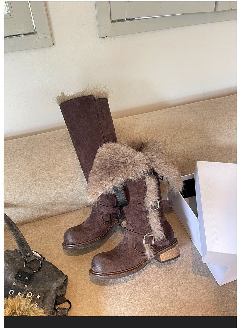 Damen elegante Winterstiefel mit modischem Kunstfellrand und praktischen Schnallen EB