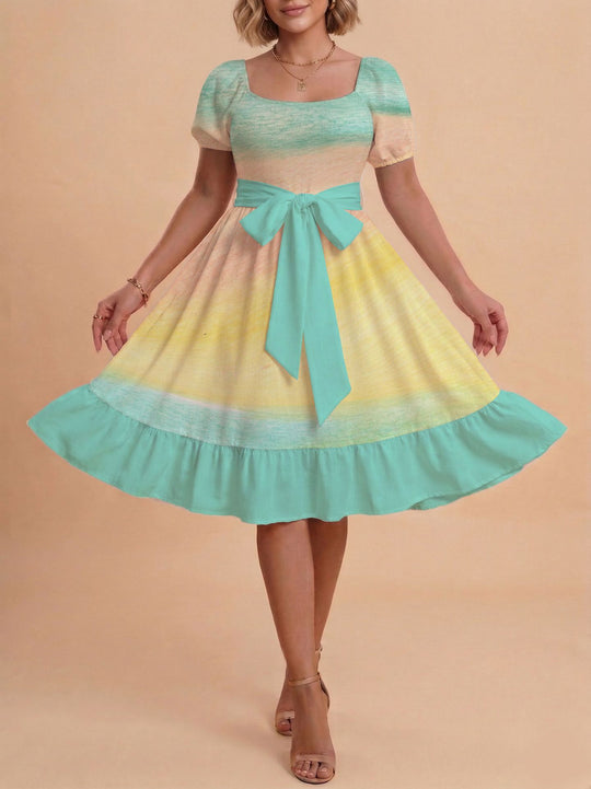 Damen Retro Maxikleid mit Puffärmeln und Taillengürtel EB