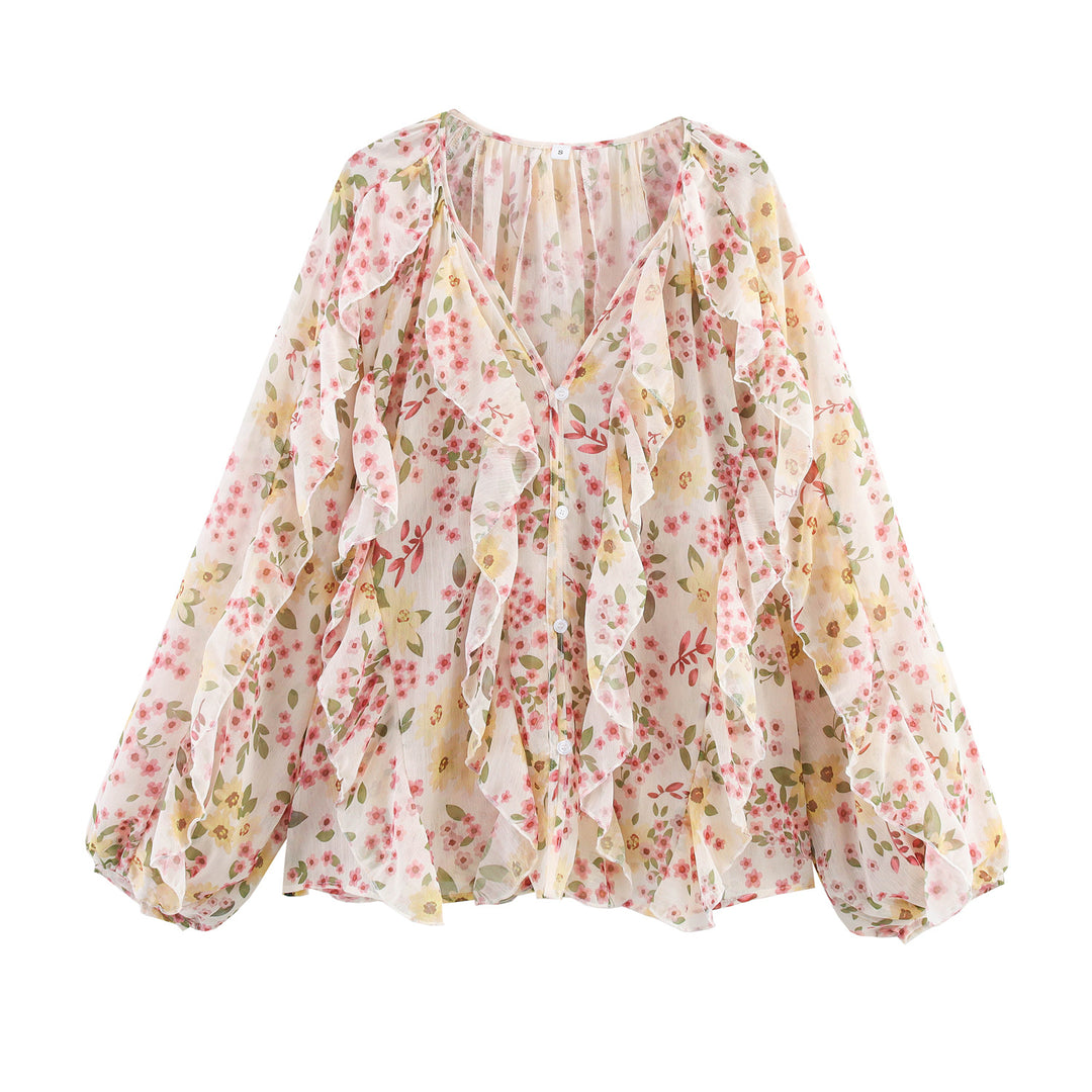 Damen nan feminine Chiffon-Volantbluse mit Ballonärmeln und V-Ausschnitt EB