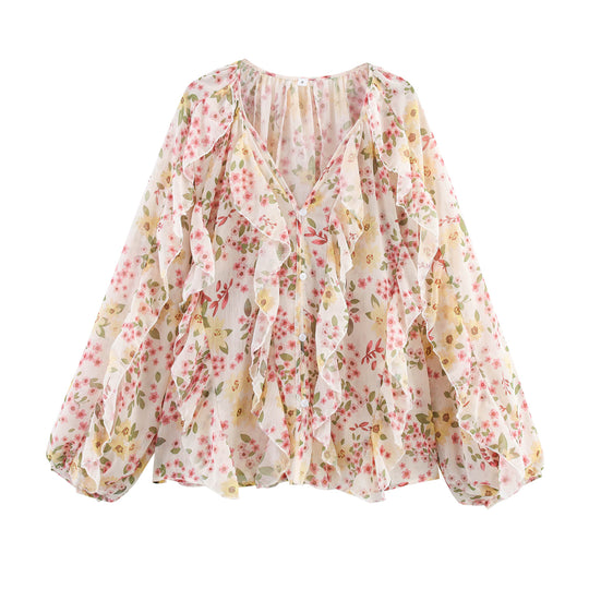 Damen nan feminine Chiffon-Volantbluse mit Ballonärmeln und V-Ausschnitt EB