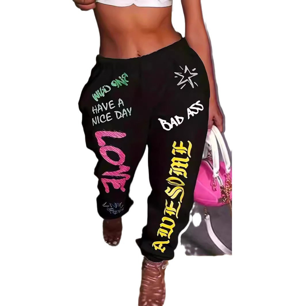 Damen Freizeithose mit kreativem Schriftzug und elastischem Bund EB