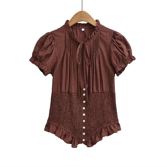 Damen Kurzarmbluse mit Rüschendetails und gerafftem Design EB