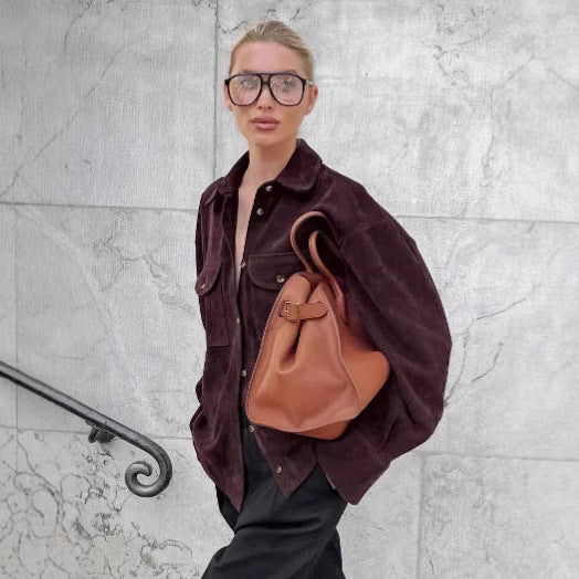 Damen Modische Suede Oversized Hemdjacke mit praktischen Taschen EB