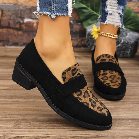 Damen Mokassin-Schuhe mit modischem Leopardenmuster und komfortablem Blockabsatz EB