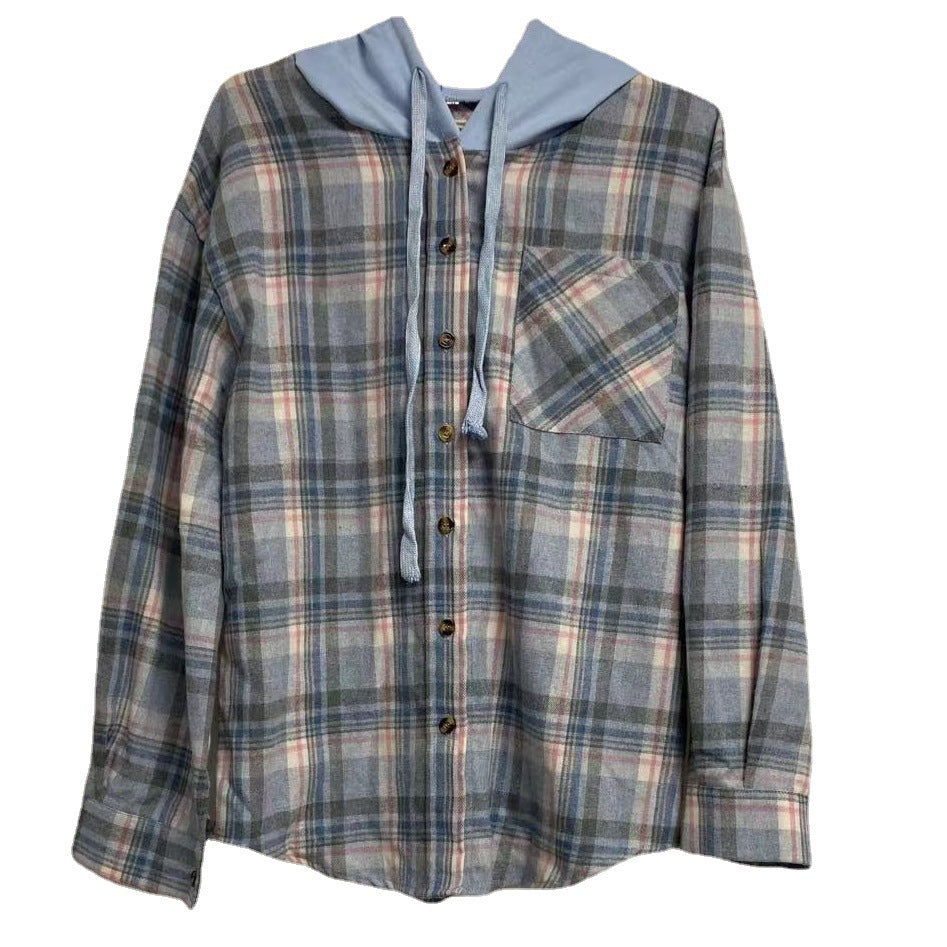 Damen nostalgische Karobluse mit Kapuze und Knopfverschluss EB