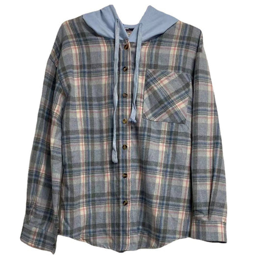 Damen nostalgische Karobluse mit Kapuze und Knopfverschluss EB