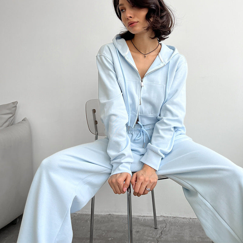 Damen kurzes Zip-Kapuzenjacken- und High-Waist Wide-Leg Jogginghose Set aus weichem French Terry EB